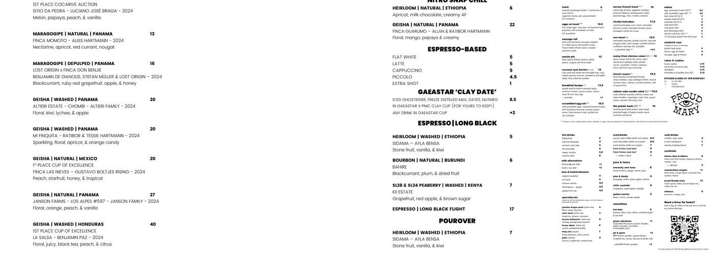 Proud Mary Coffee Menu