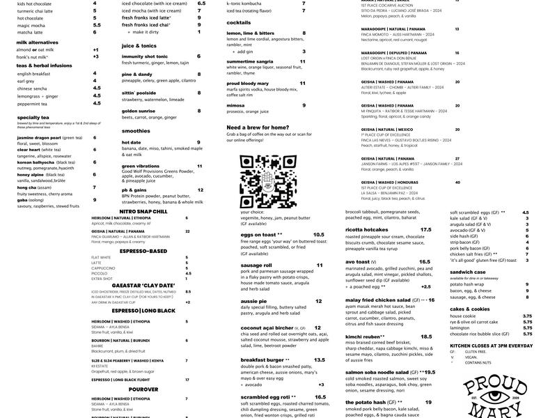 Proud Mary Coffee Menu