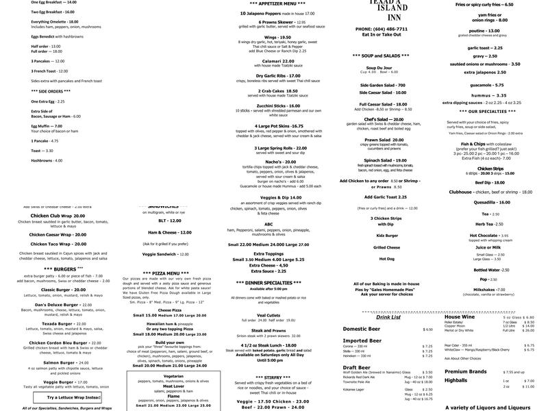 Texada Island Inn Menu