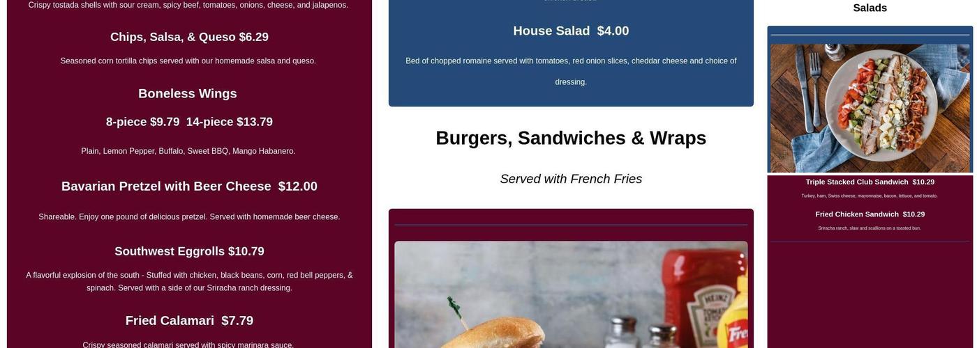 Billy's Grille & Bar - Bryan Menu