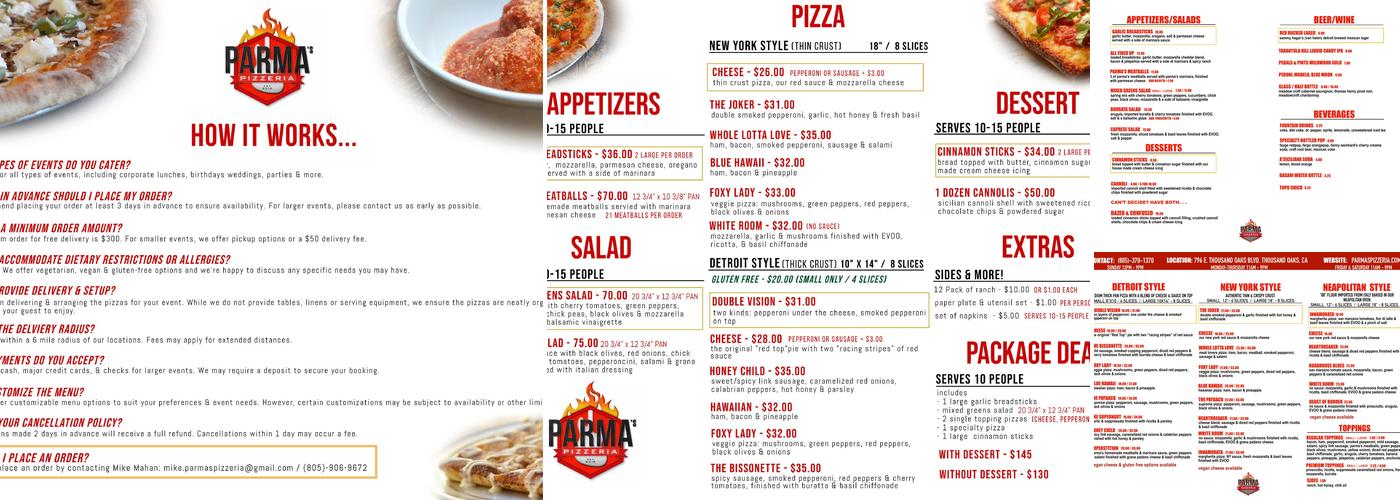 Parma's Pizzeria Menu
