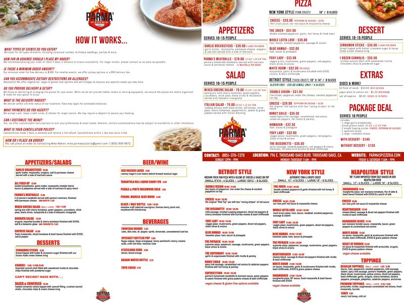 Parma's Pizzeria Menu