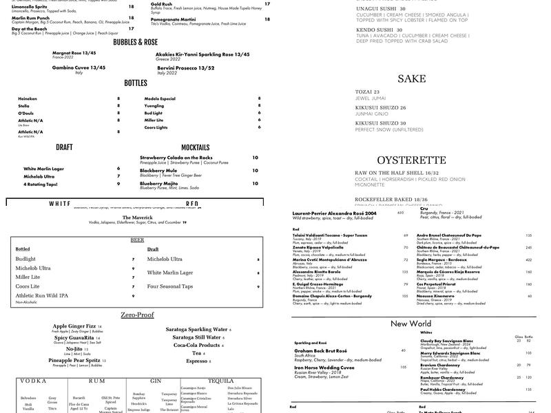 The White Marlin and Oysterette Menu