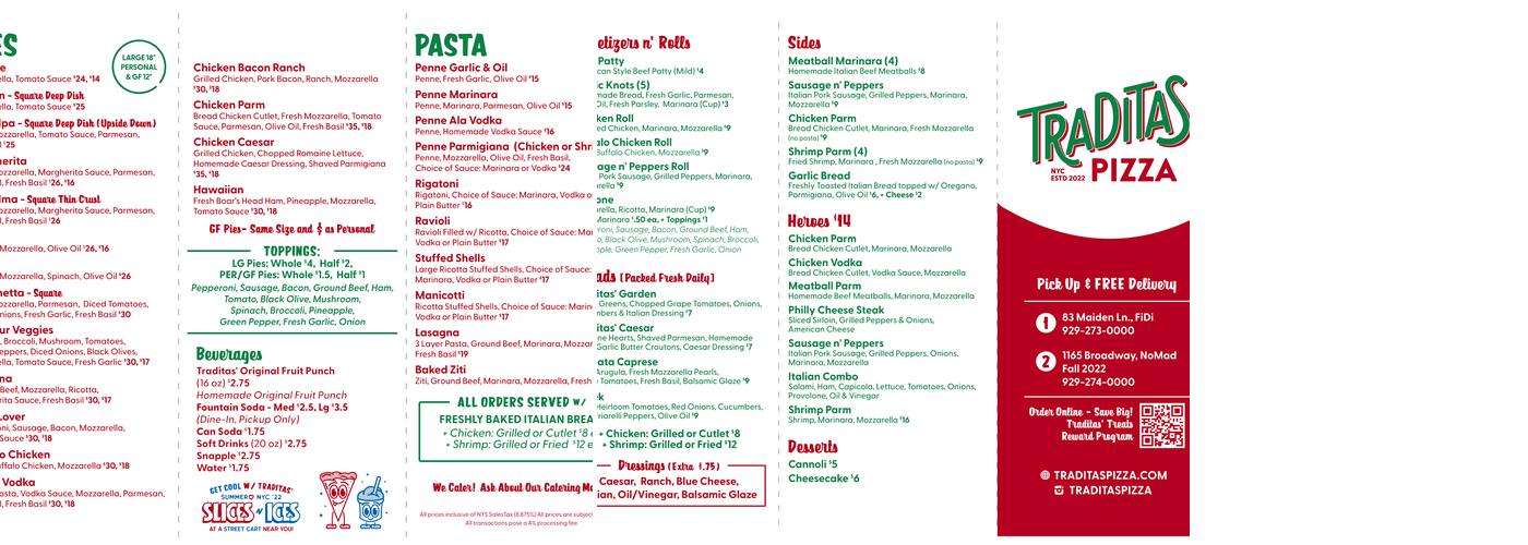 Traditas Pizza Menu