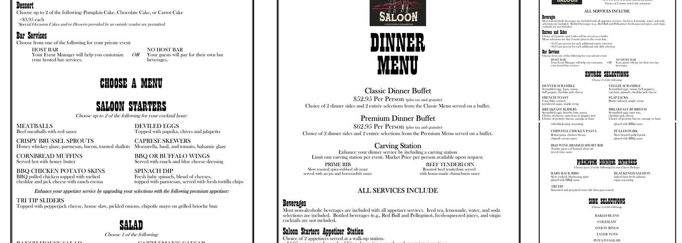 High Horse Saloon Menu