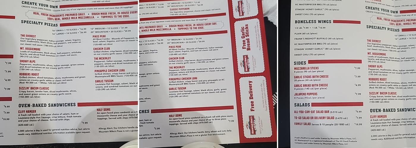 Mountain Mike's Pizza Menu