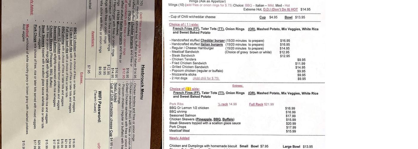 Hasbrouck Tavern Menu