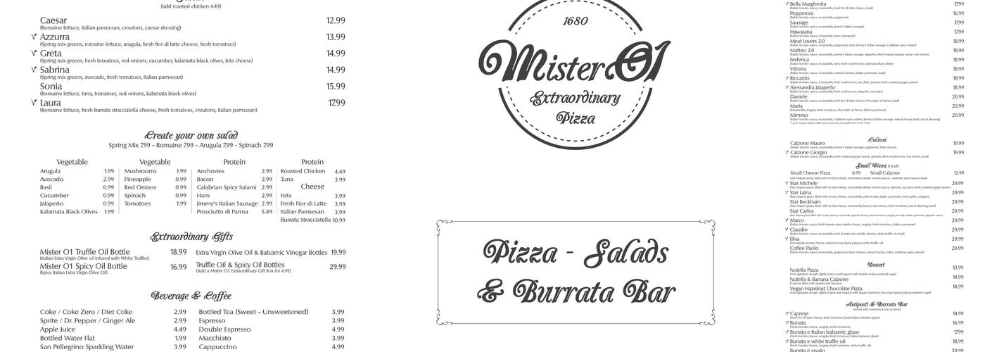 Mister O1 Extraordinary Pizza Turtle Creek Menu