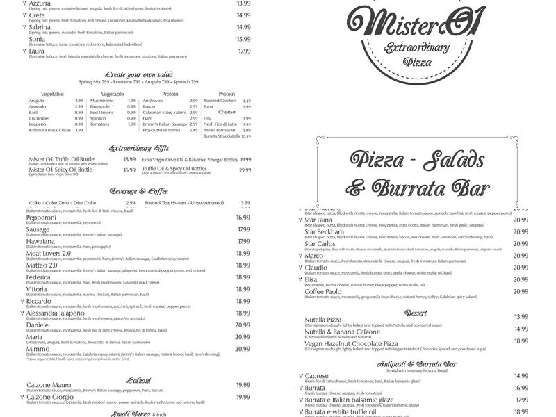 Mister O1 Extraordinary Pizza Turtle Creek Menu