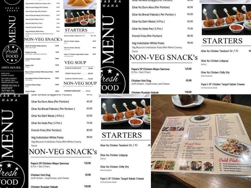Papa’s kitchen Menu