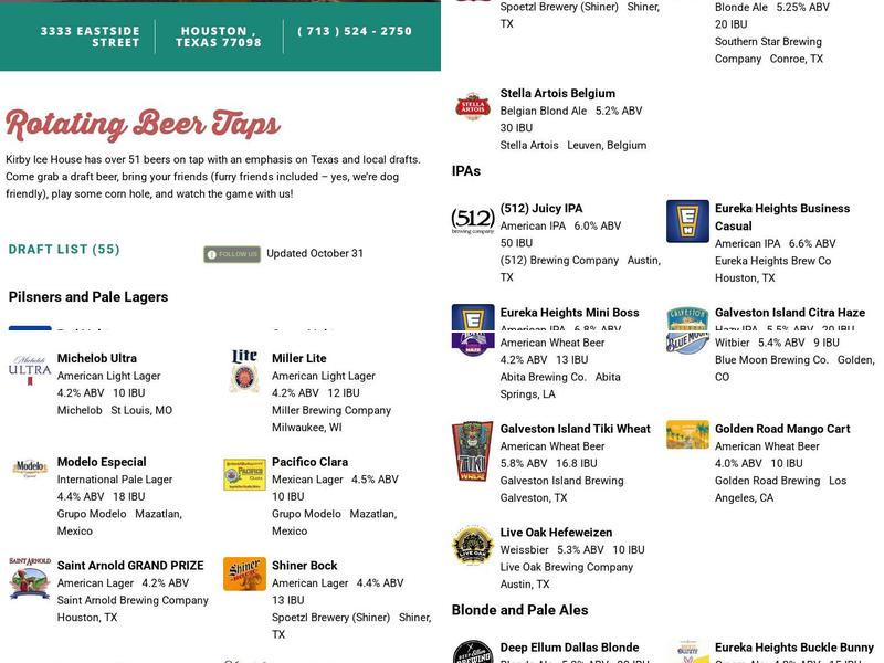 Kirby Ice House - The Woodlands Menu