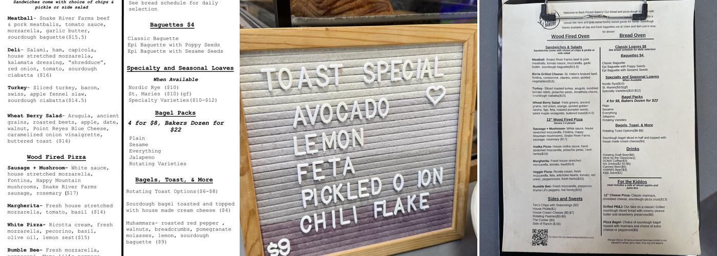 Back Pocket Bakery Menu