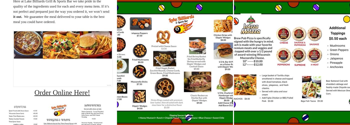 Lake Billiards Sports Bar & Grill Menu