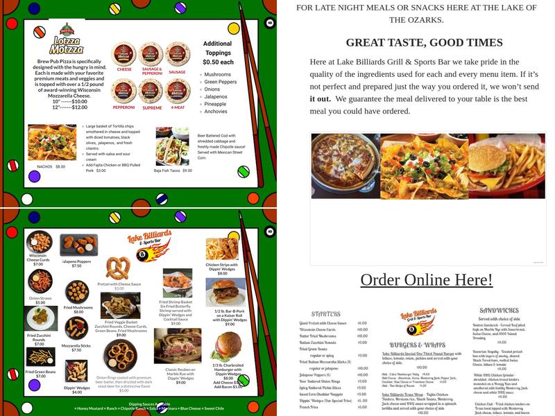 Lake Billiards Sports Bar & Grill Menu