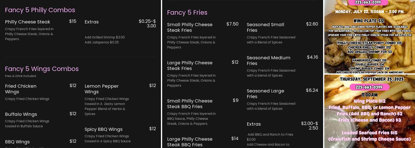 Fancy 5 Kitchen Catering LLC Menu