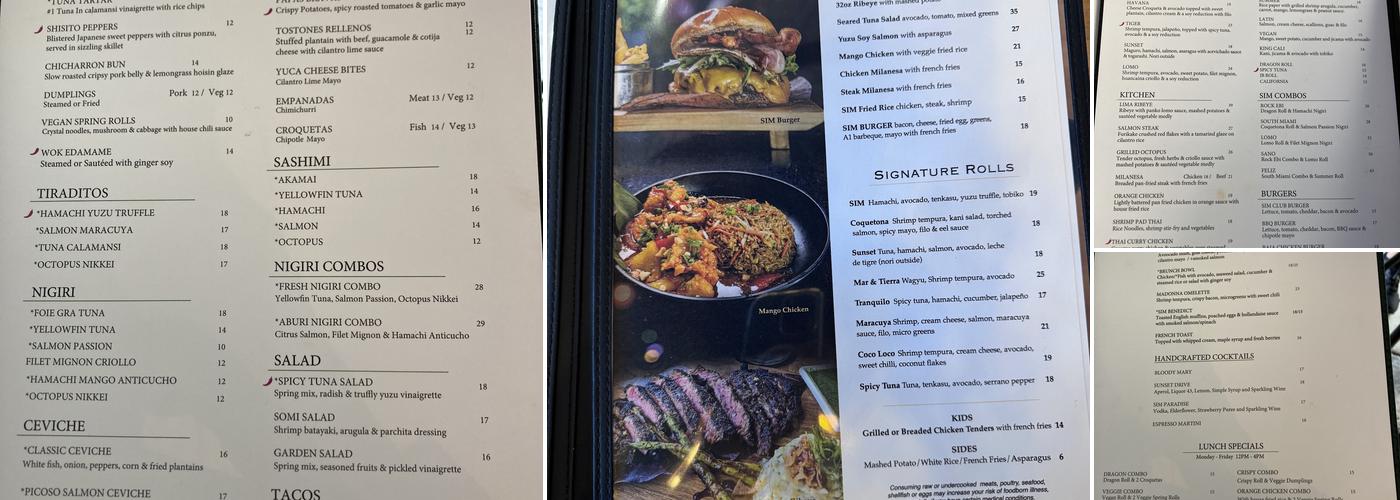 SIM Restaurant Miami Menu