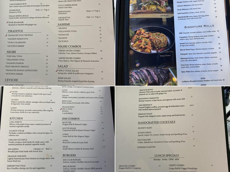 SIM Restaurant Miami Menu