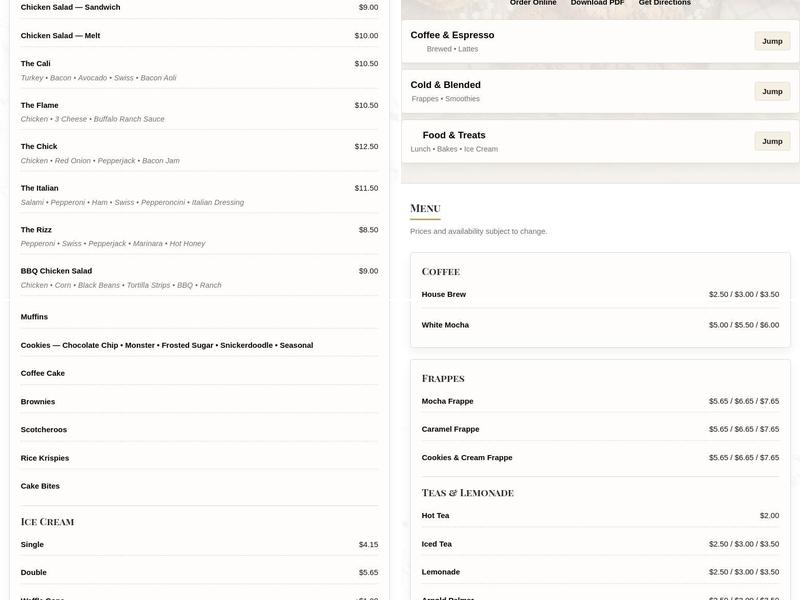 Coco's Cookies and Coffee Menu