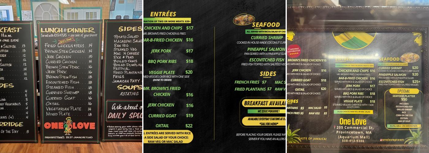 One Love Menu