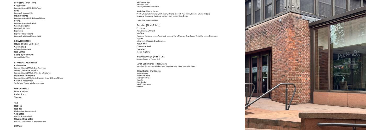Trinity Library Peter B's Espresso Menu