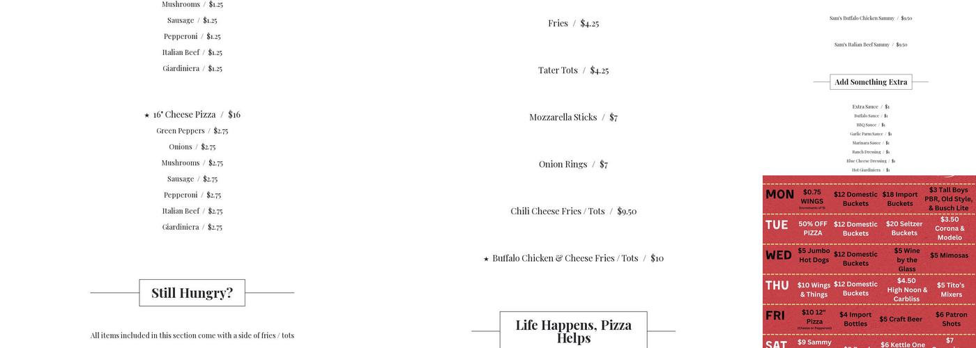 Sam's Bar & Gaming Menu