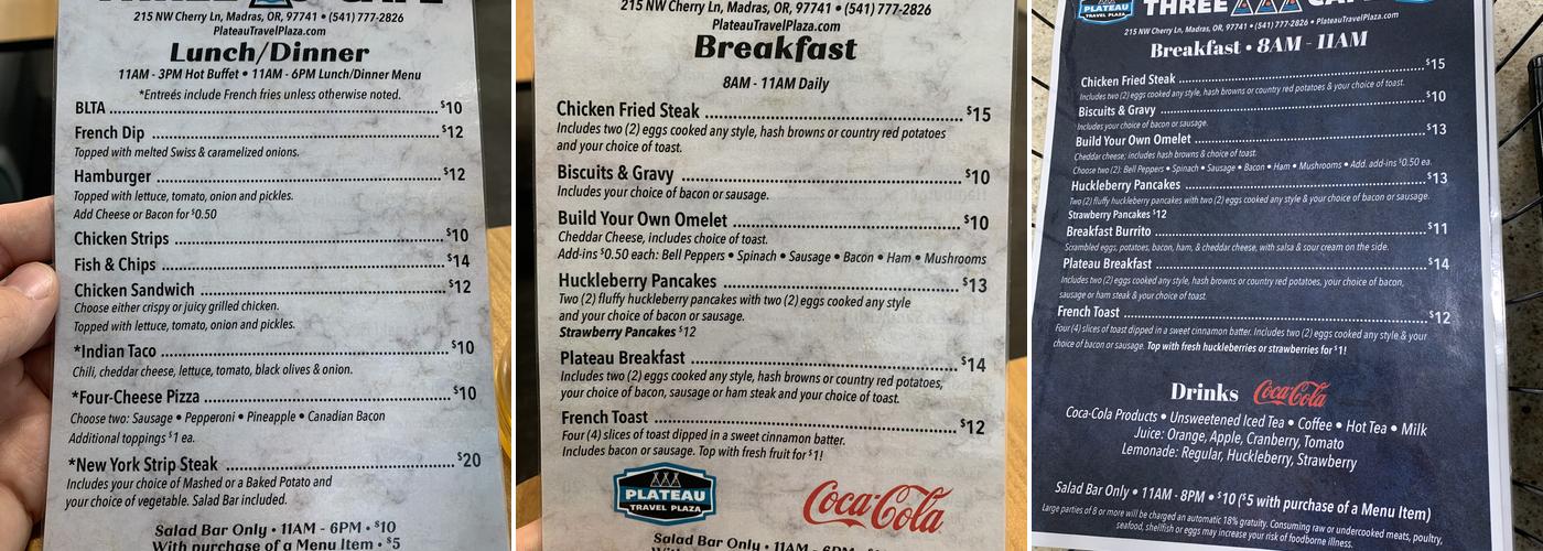 Three TeePee’s Cafe Menu