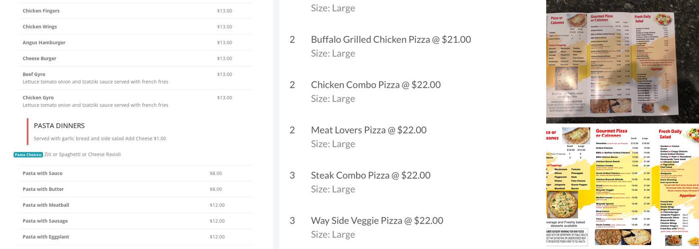 Wayside pizza Menu