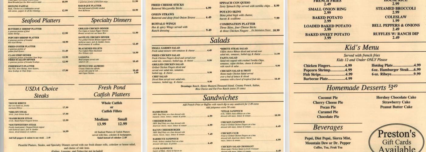 Preston’s Menu