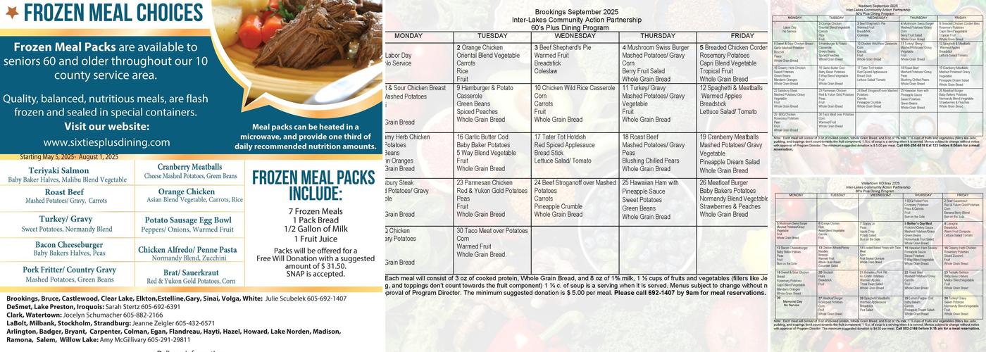 Sixties Plus Dining Menu