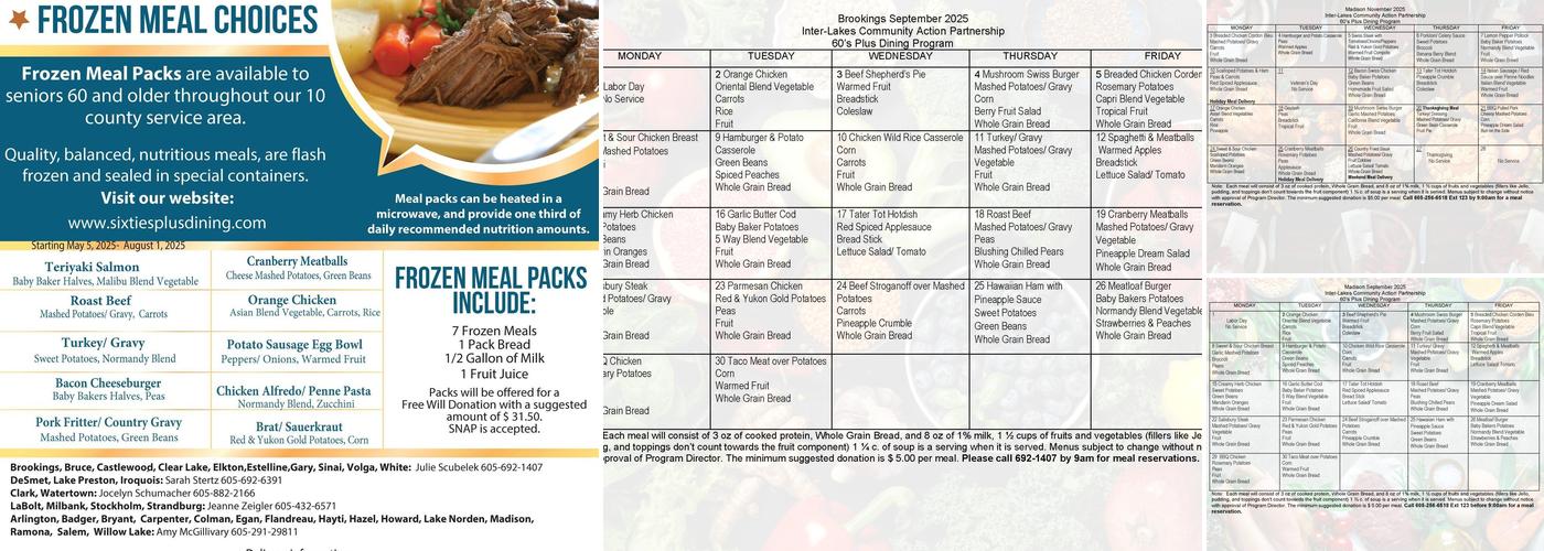 Sixties Plus Dining Menu