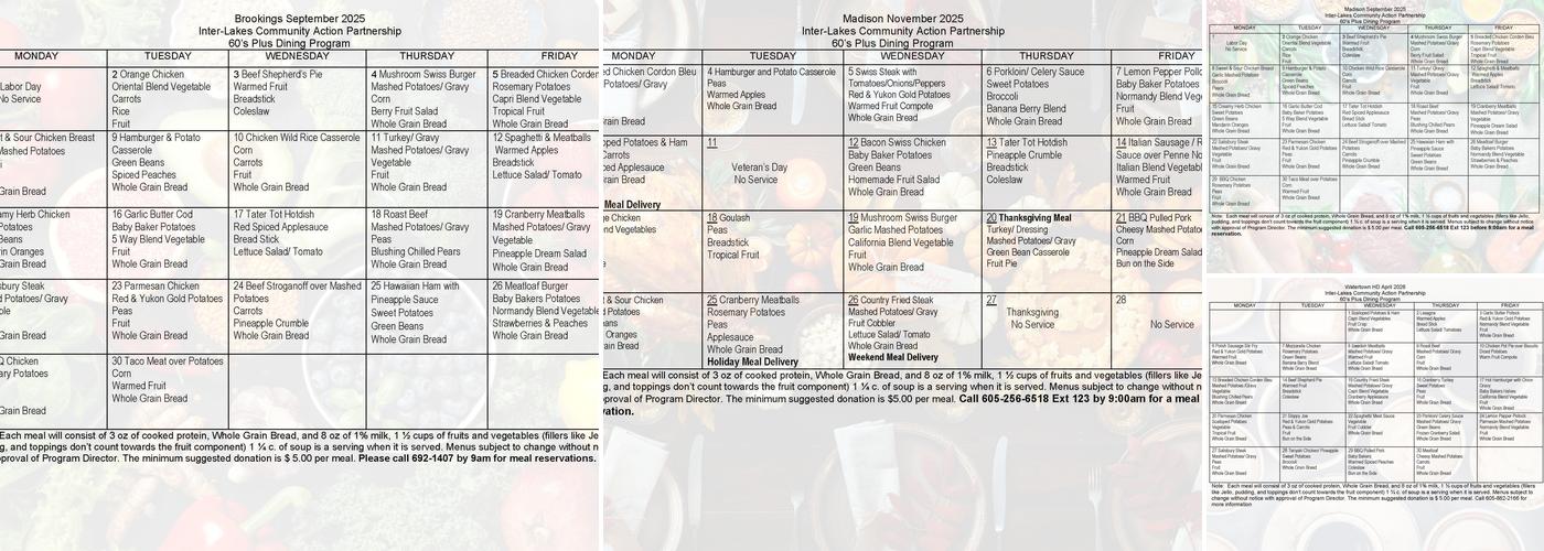 Sixties Plus Dining Menu