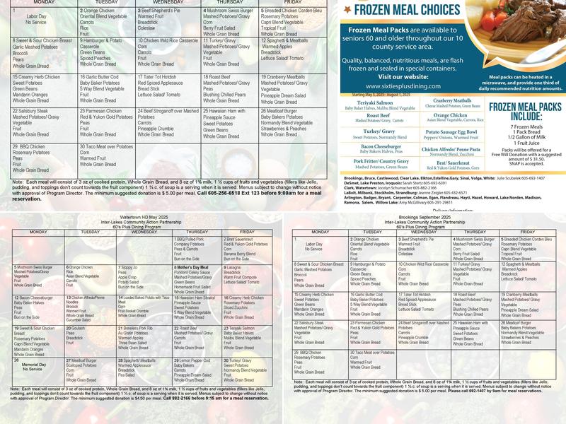 Sixties Plus Dining Menu