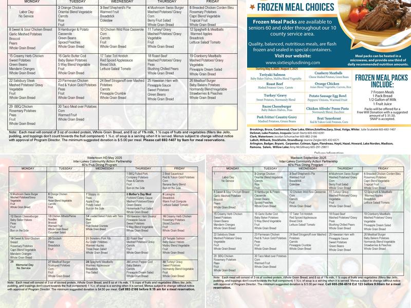 Sixties Plus Dining Menu