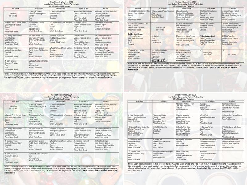 Sixties Plus Dining Menu