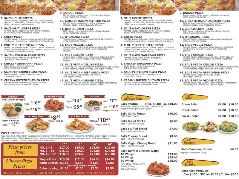 Sal's Pizza Menu