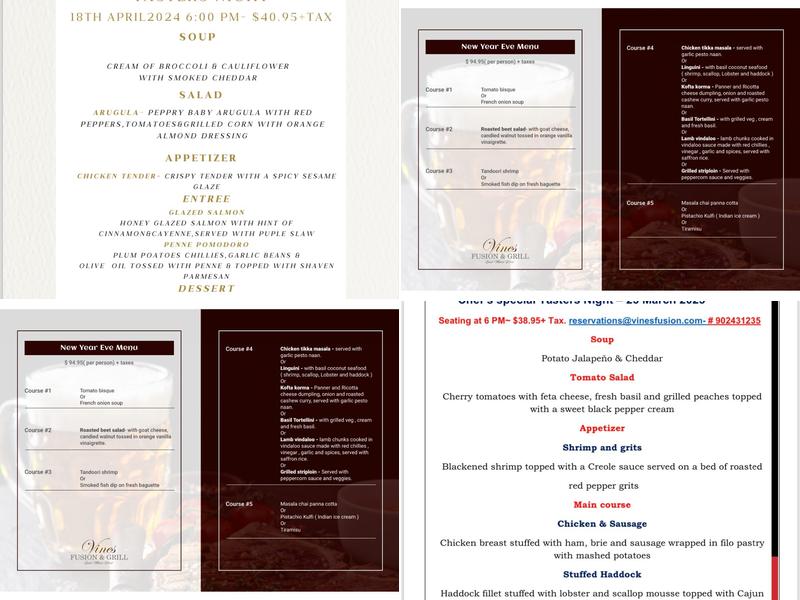 Vines Fusion & Grill - Restaurants in Canada Menu