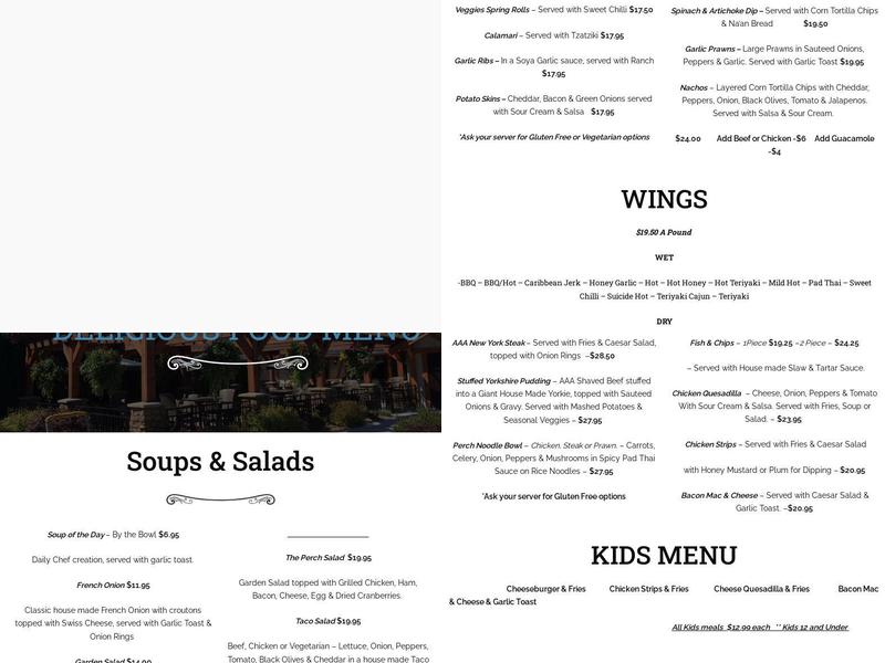 Peacock’s Perch Pub Menu