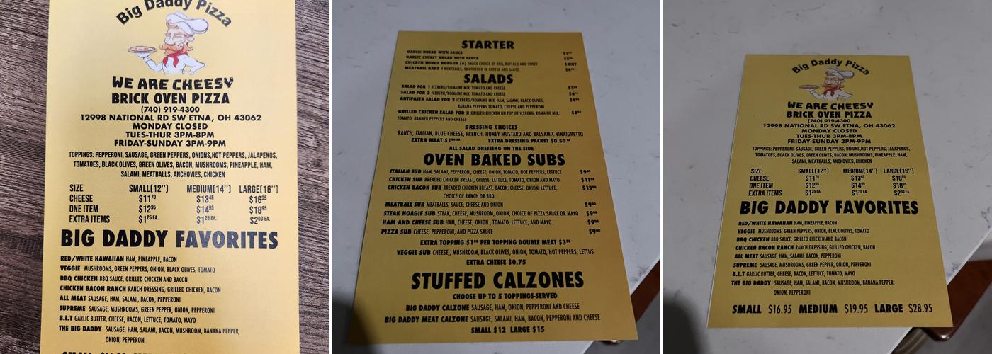 Big Daddy Pizza Menu