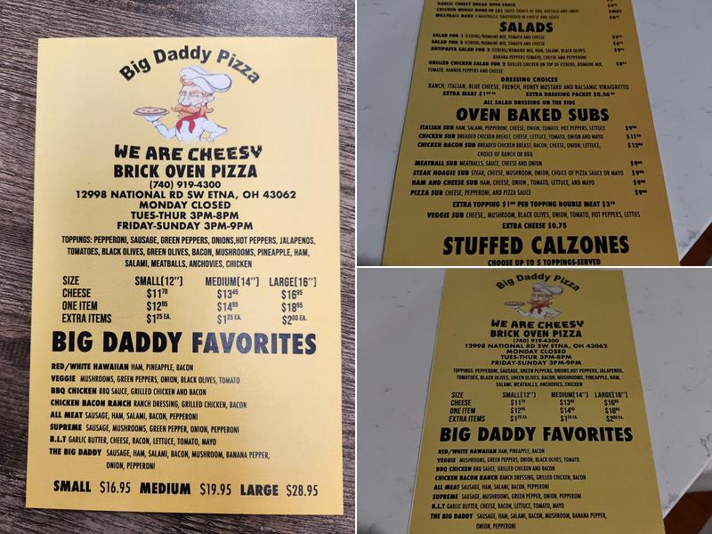 Big Daddy Pizza Menu