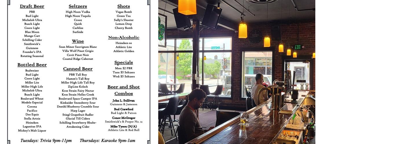 Sullivan's Bar Menu