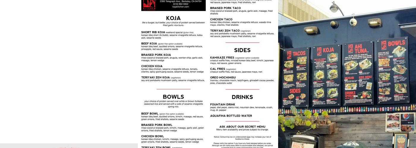 Koja Kitchen Menu