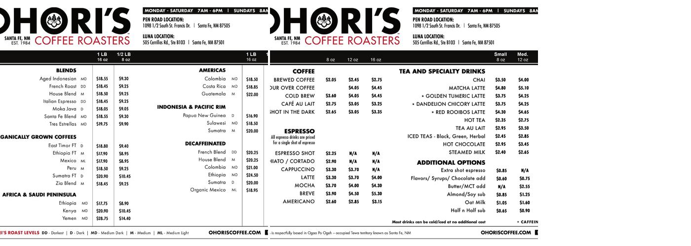 Ohori's Coffee Roasters - warehouse location Menu