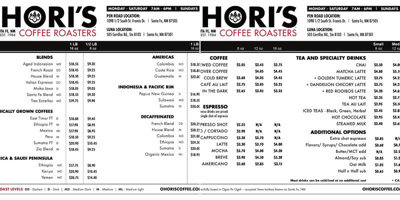 Ohori's Coffee Roasters - warehouse location Menu