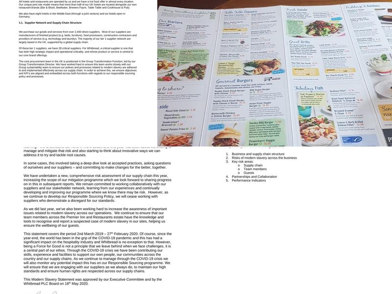 Premier Inn Uttoxeter hotel Menu