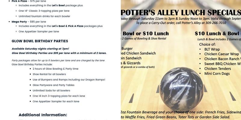 Potter's Alley Menu