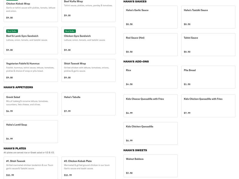 Haha's Kebab's and Shawarma Menu