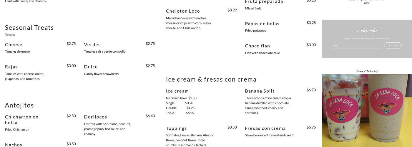 La Vida Loca LLC Menu