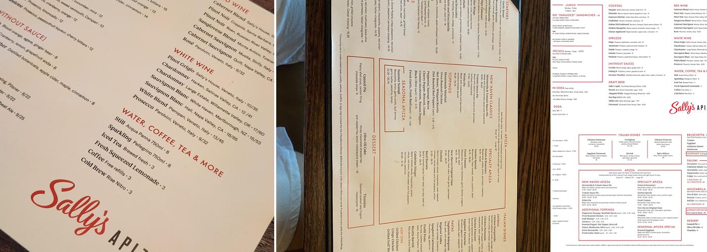 Sally's Apizza Menu