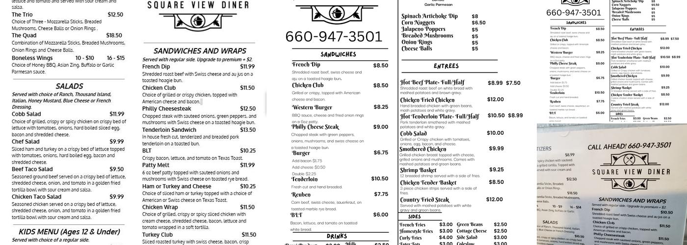 Square View Diner Menu