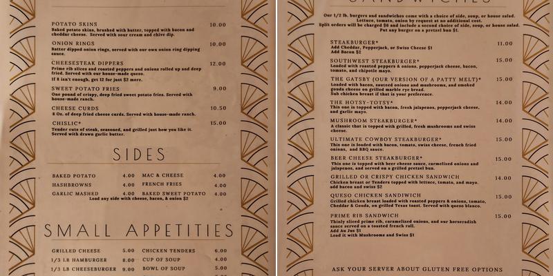 Gatsby's Speakeasy and Supperclub Menu